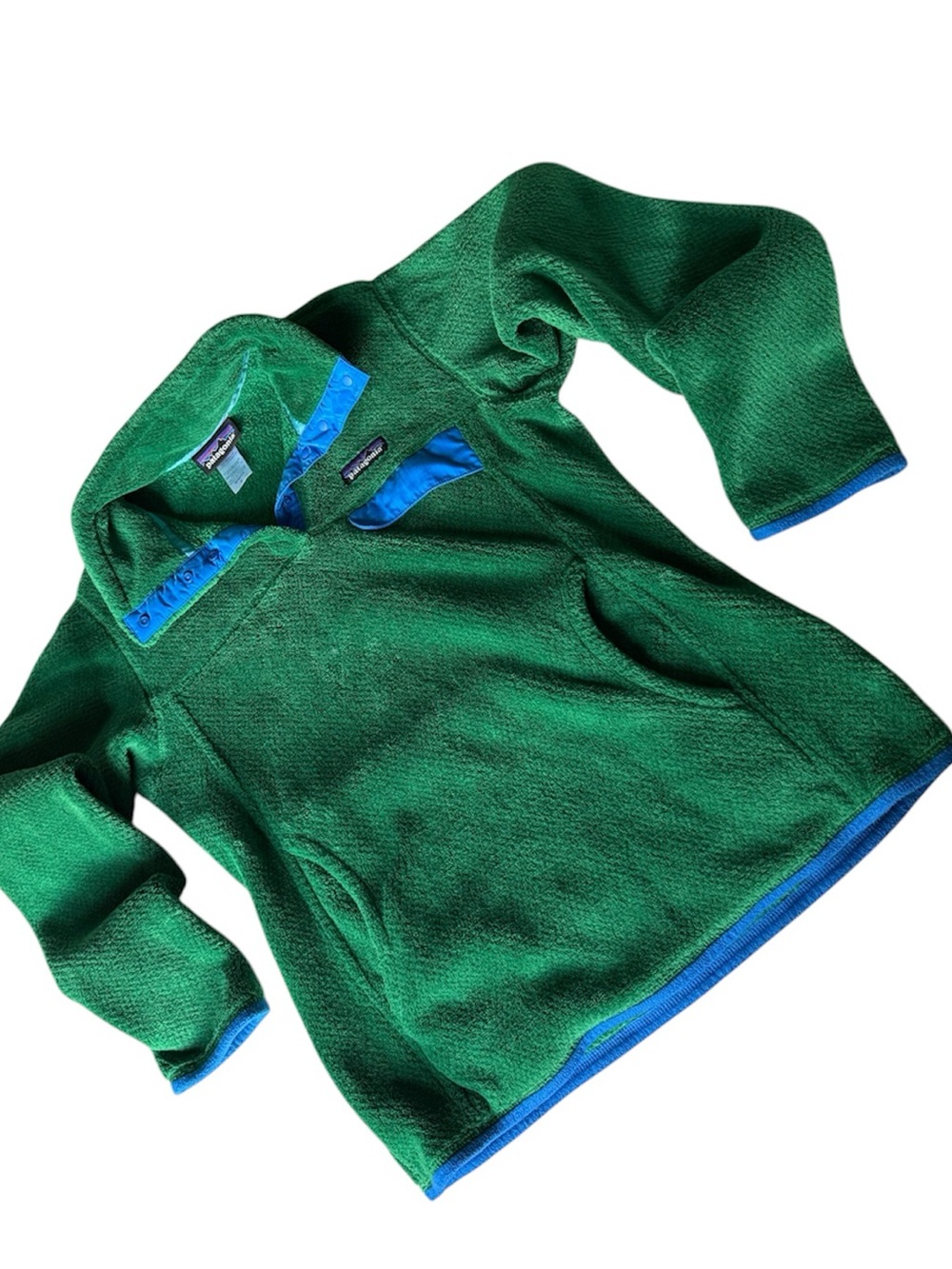 Patagonia Kids Green Fleece Pullover with Blue Trim